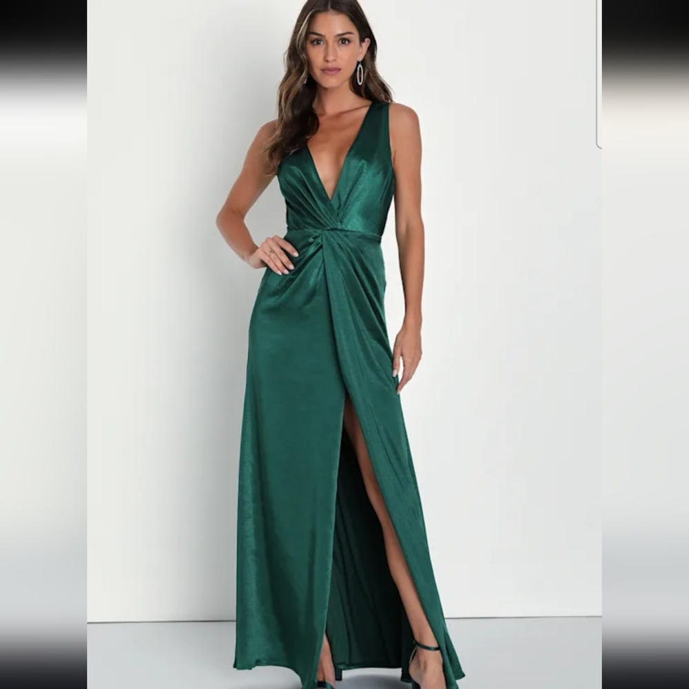 Lulus Emerald Green Satin Formal Gown Plunge Neck High Slit Maxi Dress Size S